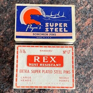 2 Vtg Boxes STEEL PINS Prym’s Super Steel & Rex Partial Contents Sewing Access